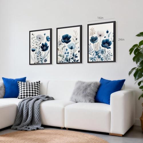 Grajoy Wood Framed Navy Blue Botanical Floral Wall Art 16x24 Inch Set of 3 - color: BlueFlower, size: 24"L x 16"W
