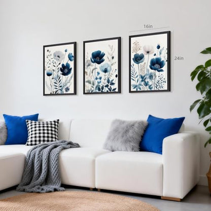 Grajoy Wood Framed Navy Blue Botanical Floral Wall Art 16x24 Inch Set of 3 - color: BlueFlower, size: 24"L x 16"W