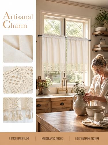 Molaxhome Linen Valances for Windows Boho Kitchen Valance Window Treatments - color: Beige, size: 35.4"W x 29.1"L (Pack of 1)