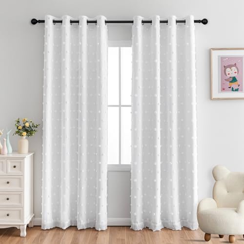 MYSKY HOME Blackout Curtains for Kids Bedroom 100% Light Block Out Thermal Insulated Curtain 72 Inches Grommet Room Darkening Curtains Privacy Window Drapes with White Pom Pom Sheers?2 PCS, 50" x 72" - color: White Pom Pom, size: 50"W x 72"L (Pack of 2)