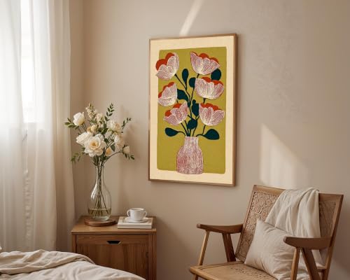 Abstract Floral Wall Art Red Stripes Vase Wall Art 16x24 inch Unframed - color: Red flower, size: 16L" x 24W"