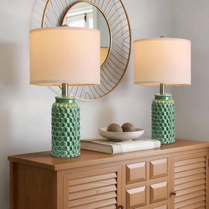 USumkky 20.5" Ceramic Table Lamps Set of 2 - Modern Farmhouse & Boho Style, Bedside Nightstand Lamps for Bedroom, Living Room End Table Lamps, Small Desk Lamp(Green) - color: 20.5" Green