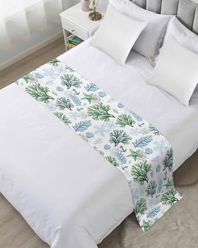 DecorLovee Sage Green Teal Coastal Runner for Twin Size Bed, Beach Nautical Throw for Foot of Bed, Ocean Coral Starfish Sofa Throw Bedding Scarf Protector Slipcover for Bedroom - color: Sage Green Teal Coastal, size: 71"x20" for Twin Bed