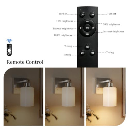 Wireless Battery Operated Wall Sconce Set of Two, Modern White Glass Nickel | Dimmable, Easy Install Rechargeable Wall Lights with Timer Remote for Living Room Bedroom, Emergency 3000K - color: Nickel(White Lampshades)