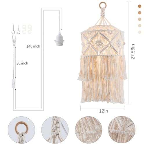 Boho Plug in Pendant Light, Handmade Macrame Hanging Lamp Shade - size: BOHO-04