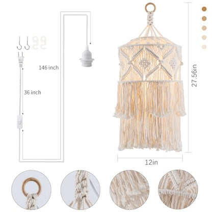Boho Plug in Pendant Light, Handmade Macrame Hanging Lamp Shade - size: BOHO-04