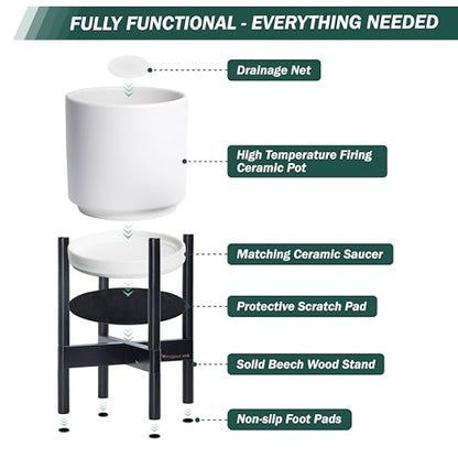 D'vine Dev Ceramic Pot with Ebony Wood Stand, White, 8 in, 55-B-M-1 - color: White Pot + Ebony Stand, size: 8 Inch