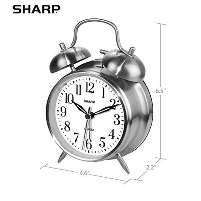 Sharp Twin Bell Alarm Clock - Loud Alarm - Great for Heavy Sleepers - Battery Operated Quartz Analog Clock (Brushed Silver) - color: Brushed Silver