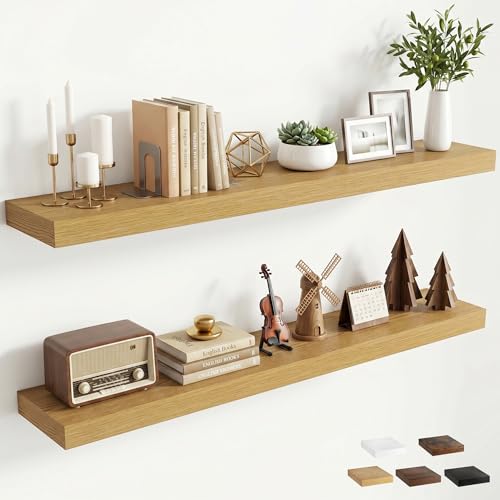 48 inchs Floating Shelves for Wall Mounted Set of 2,Rustic Wood Floating Shelf with Invisible Brackets for Small Bathroom,Bedroom,Living Room,Modern Home Decor -Oak - color: Oak, size: 48''W x 7.9''D x 1.5''H,Set of 2-MDF