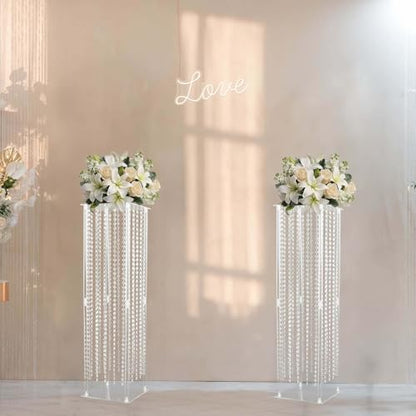 Efavormart 40" Heavy Duty Acrylic Flower Pedestal Vase with Hanging Crystal Beads, Clear Pillar Stand Wedding Table Centerpieces with Pre-Chained Garlands - 5mm Thick Plates - size: 11"W x 40"H
