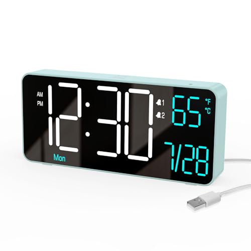 KOSUMOSU Digital Alarm Clock for Bedroom, 6.7in Desk Clock LED, Auto Dimming, Room Temperature, Day of The Week, Date, Seconds, Clocks for Living Room, Alarm Clocks for Bedrooms - color: Blue (White + Blue Digits)