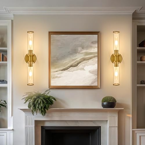 Battery Operated Wall Sconces Set of 2 with Remote Control, Gold, 8000mAh - color: Gold(Clear Tubular Lampshade)