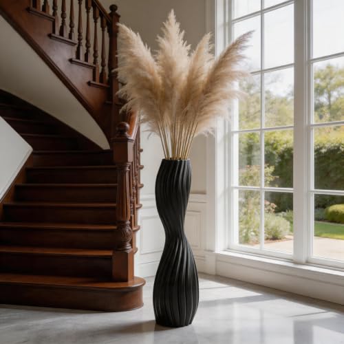 Modern Black Floor Vase, 24 Inch Tall S-Shape Striped Resin Vases, Large Sturdy Home Decor Vase for Living Room, Office, Bedroom with Oval Opening for Dried Pampas Grass & Branches - color: Black