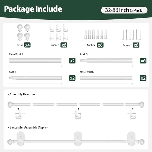 KAMANINA Curtain Rods No Drilling for Windows 32 to 86 Inches, White 2 Pack - color: White, size: 32-86"（2Pack）