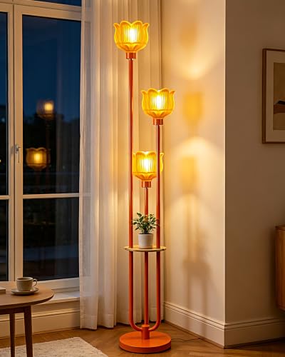 Lightdot Globe Floor Lamp with LED Bulbs Included, Dimmable Floor Lamps,Unique Modern Standing Tall Lamp for Bedroom Living Room/Sofa Beside/Corner Decor-Gold - color: 3U Orange Lotus-Orange