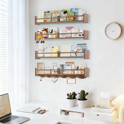 34Inch Nursery Book Shelves Wall Mounted, Floating Book Shelf for Kids Coat Rack with 6 Hooks, Wall Hanging Shelf for Baby Nursery Room Organizer ，Patent Number:US-D1058229-S(4, Light Brown) - color: Light Brown
