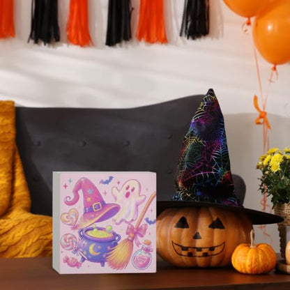 Pastel Pink Halloween Witchy Ghost Wooden Box Sign Desk Decor - color: Pink Halloween