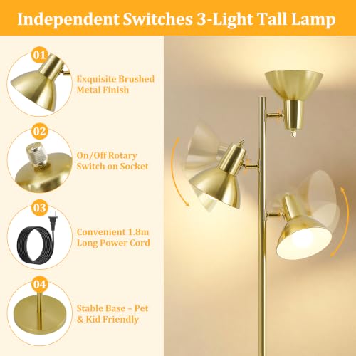 3 Light Floor Lamps for Living Room, 67" Tall Metal Modern Tree Floor Lamp - color: Gold