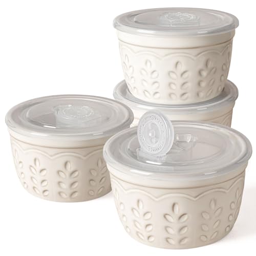 Artena Ramekins with Lids, Creme Brulee Ramekins Oven Safe, Ceramic Pudding Cups, Souffle Cups, Custard Cups, Dipping Sauce Cups, Food Storage Containers with Lids, Set of 4 (8 oz, Wheat Leaf) - size: 4 inch (Wheat Leaf, White)