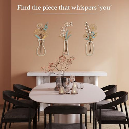 CarryWise 3 Piece Metal Flower Wall Art for Bedroom Living Room, Flower Blue gold - color: Blue Gold & Vase Flower