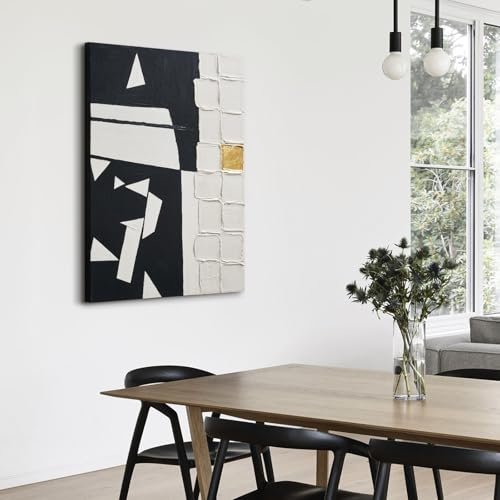 Modern Black & White Abstract 3D Textured Canvas Wall Art with Gold Leaf - color: Black White, size: 24"L x 36"W