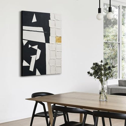 Modern Black & White Abstract 3D Textured Canvas Wall Art with Gold Leaf - color: Black White, size: 24"L x 36"W