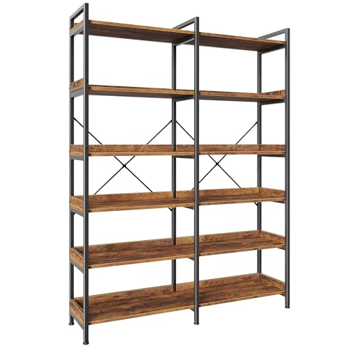 Huuger 6 Tier Bookshelf with 12 Open Shelves and Raised Baffle, Rustic Brown - color: Rustic Brown, size: 6 Tier