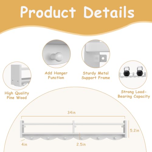 34Inch Nursery Floating bookshelf Coat Rack with 6 Hooks, Set of 4 White - color: White