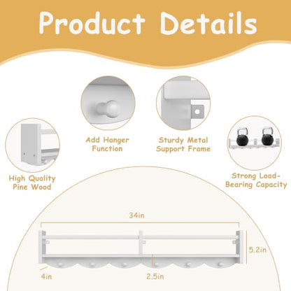 34Inch Nursery Floating bookshelf Coat Rack with 6 Hooks, Set of 4 White - color: White