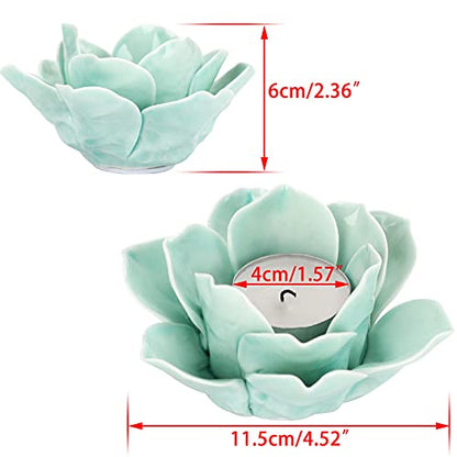 OwnMy 4.5 Inch Ceramic Lotus Flower Tea Light Holder Votive Candle Holder - color: Green