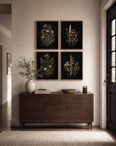 InSimSea Framed Botanical Wall Art, 4 Piece Moody Wildflower Prints - color: Dark Flora Triptych
