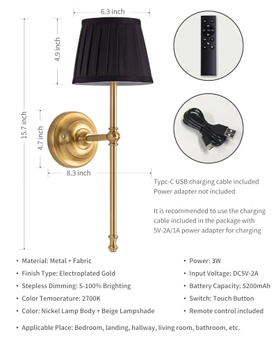 KDG Gold Cordless Wall Sconces Set of 2, Black Fabric LED Wall Lamps - color: Gold + Black Lampshde (2 Pack)