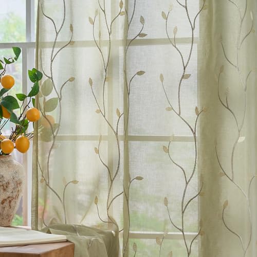 jinchan Green Leaf Voile Embroidered Curtains 63 Inch Grommet Top 2 Panels - color: Vine Grommet Green, size: 55"W x 63"L (Pack of 2)