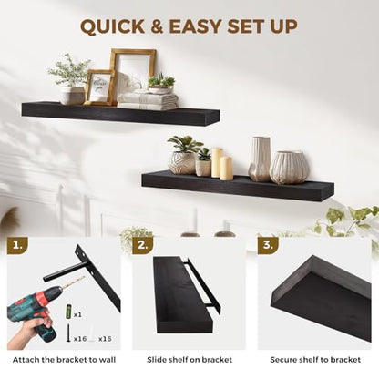 Solid Wood Floating Shelves, 36 Inch Wall Shelves, Set of 2, Black - color: Black, size: 36x8x1.6