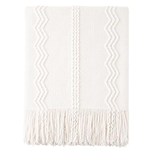 BATTILO HOME Cream Throw Blanket for Couch, Bedroom Decor Boho Throw Blanket, Decorative White Blanket Throw for Sofa Living Room, 50"x60" - color: Cream, size: 50 x 60 in.