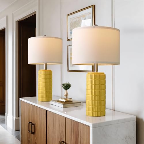 PoKat 23" Yellow Table Lamps Set of 2, Modern Living Room End Table Lamps Decor, Ceramic Lamps for Living Room, Contemporary Nightstand Lamps for Side Console Table Hallway Gift
