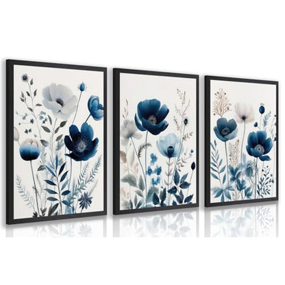 Grajoy Wood Framed Navy Blue Botanical Floral Wall Art 16x24 Inch Set of 3 - color: BlueFlower, size: 24"L x 16"W
