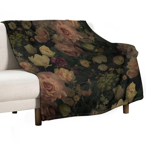 Black Floral Blanket, Rustic Watercolor Botanical Rose Peony Vintage Leaves Plant Boho Gothic Print Throw Blankets for Bed Living Room Bedding Couch Soft Decor, 30"x40" - color: Gothic Rose, size: 30"x40"