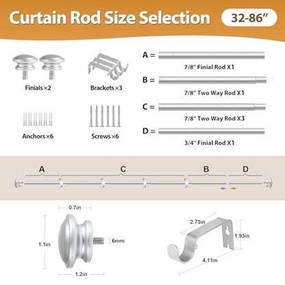 TONIAL Silver Curtain Rods for Windows 2 Pack, 32 to 86 Inch, Drapery Rod - color: Silver, size: 32-86"(2 Pack)