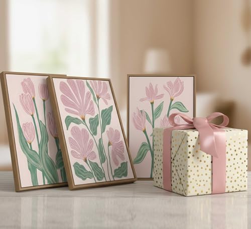 Framed 3 Pcs Pink Tulips Flowers Canvas Wall Art - color: Framed-Tulips, size: 16"L x 12"W
