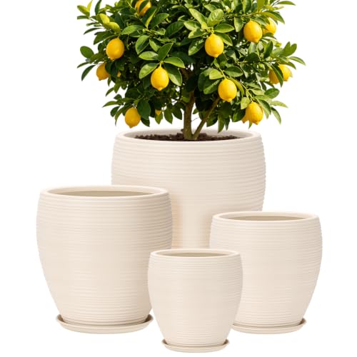 QRRICA Large Round Plastic Planter Set of 4 – 19+16+13+10 Inches with Drainage & Rubber Plugs – Indoor Outdoor Pots for Flowers, Vegetables, Herbs (White, 19+16+13+10 inch) - color: White, size: 19+16+13+10 inch