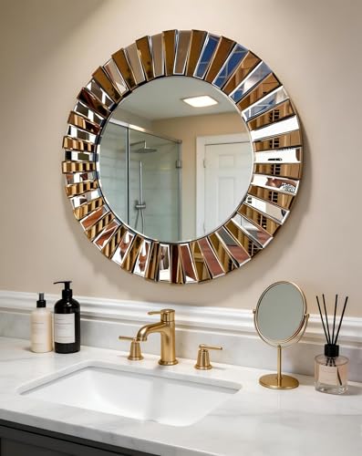 Decorative Round Mirror Sunburst: Silver-Brown Crystal Edge 23.6 in - size: 23.6"L x 23.6"W
