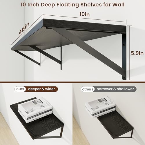Axeman Deep Floating Shelves, 48'' x 10'' Black Wall Shelves Set of 2 - color: Black, size: 48W x 10D