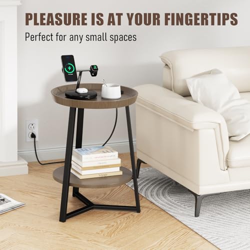 Gadroad Round End Table with Charging Station, Walnut Color - color: Walnut, size: 15.75"D x 15.75"W x 23"H (with Charging Station)