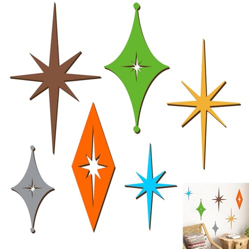 6 Pcs Wooden Star Wall Art Sign Colorful Starburst Mid Century Modern Decor - color: Orange Star