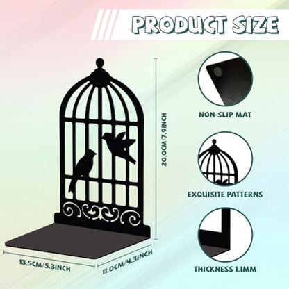 Peacoblue 5.3"x4.3"x7.9" Metal Bookends, Heavy Duty Book Ends for Shelves - color: Birdcage and Bird