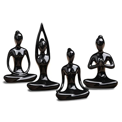 OwMell Lot of 4 Meditation Yoga Pose Statue Figurine Ceramic Yoga Figures - color: Black