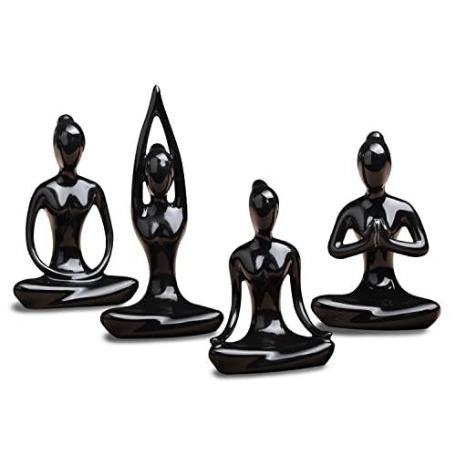 OwMell Lot of 4 Meditation Yoga Pose Statue Figurine Ceramic Yoga Figures - color: Black
