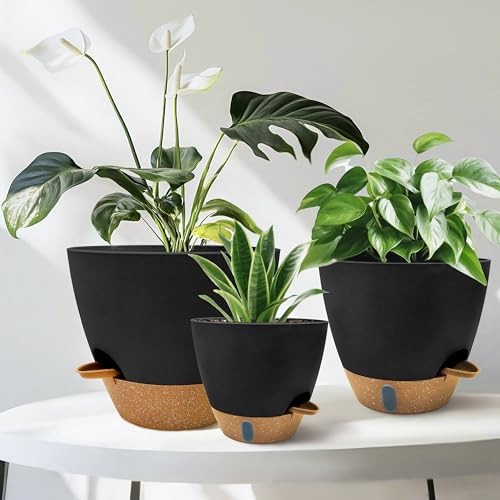12/10/9/8 inch Self Watering Pots with Visual Water Window, Extra Large Self Watering Plant Pot with Drainage Holes and Saucers, Black Flower Pots for Indoor Plants - color: Black