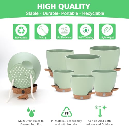 Self Watering Planter Set with Visual Water Level, 6Pack Small Plastic Pot with Drainage Holes and Reservoir Saucers, Modern 8+7+6.5+6+5.5+5 Inch Bottom Watering Flower Pots for Indoor Plant - Green - color: Green-small